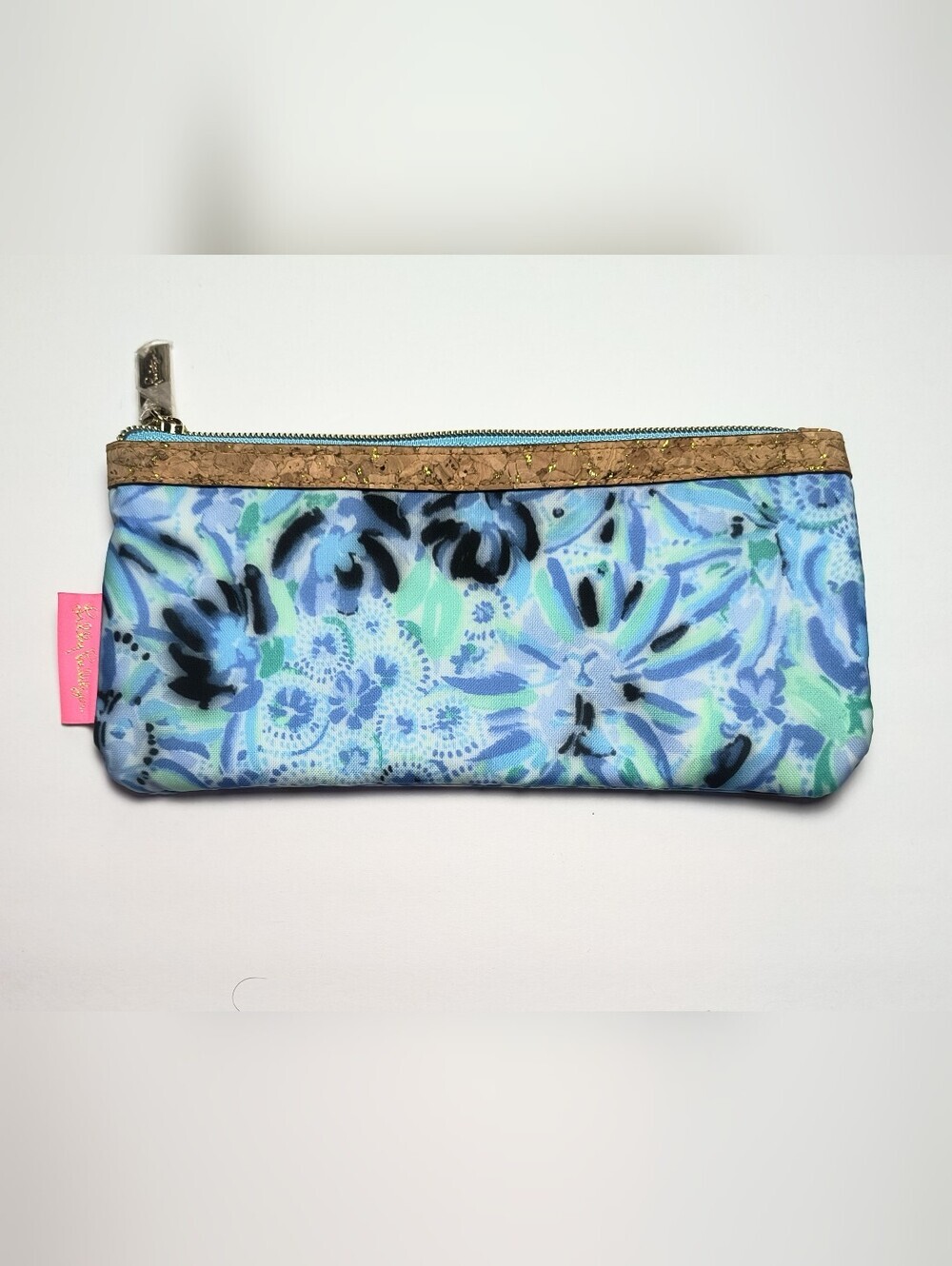 Lilly Pulitzer Iris Blue Mint Floral Cork-Trim Zip Pencil/Makeup Pouch